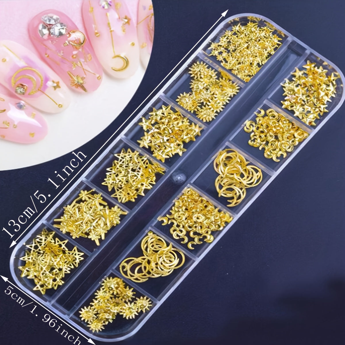 12 Grids 1000pcs Moon Star Nails Golden Metallic Nail Sequins Charms 3D Nail Art Tips Decoration Press On Manicure Supply DIY Nail Gems Nail Supplies